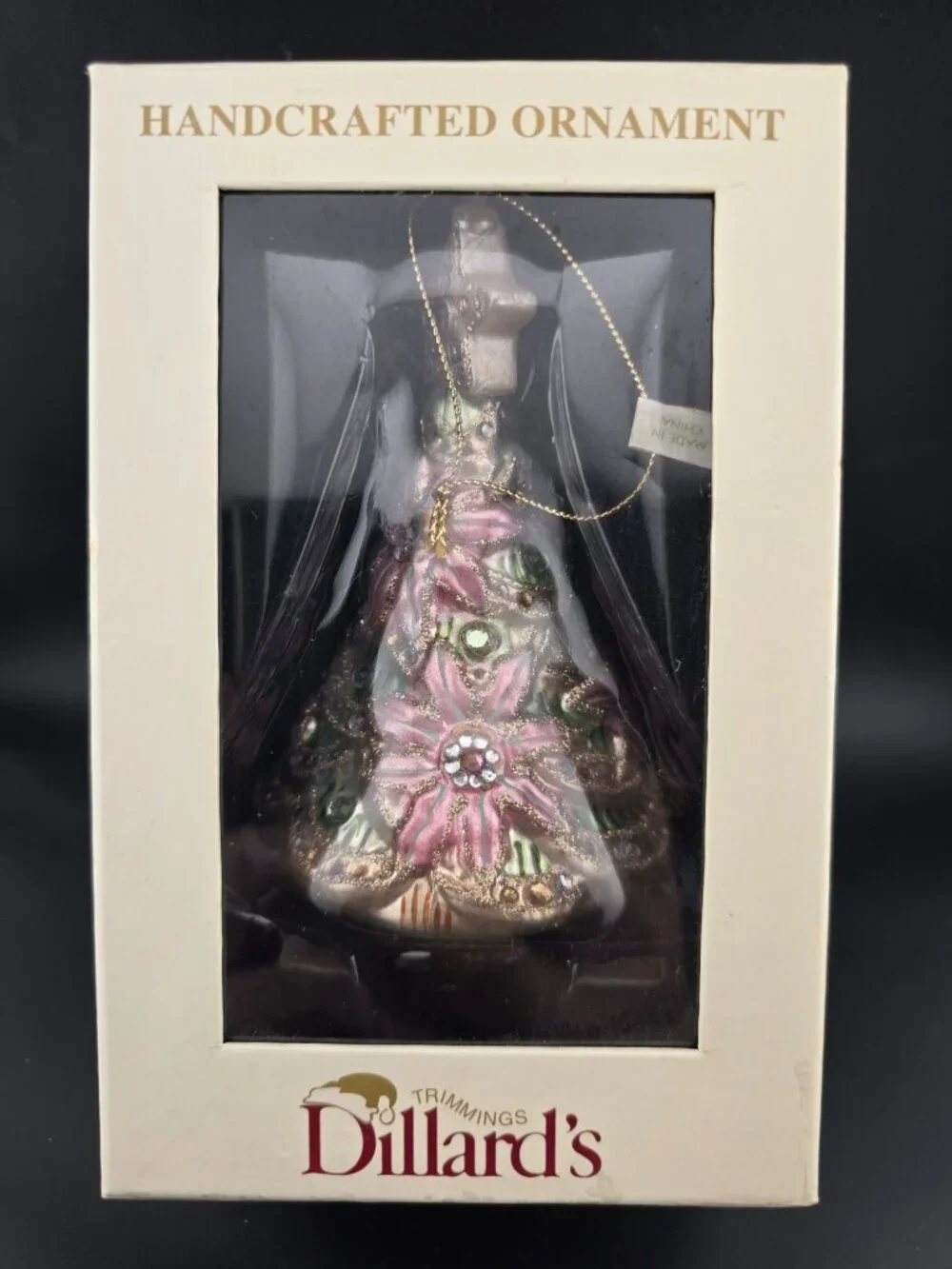 Dillards Handcrafted Glitter Christmas Tree Ornament Pink Green & Rhinestones 5